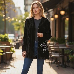 Vintage Johnny Was black velvet button-down top with white floral embroidery